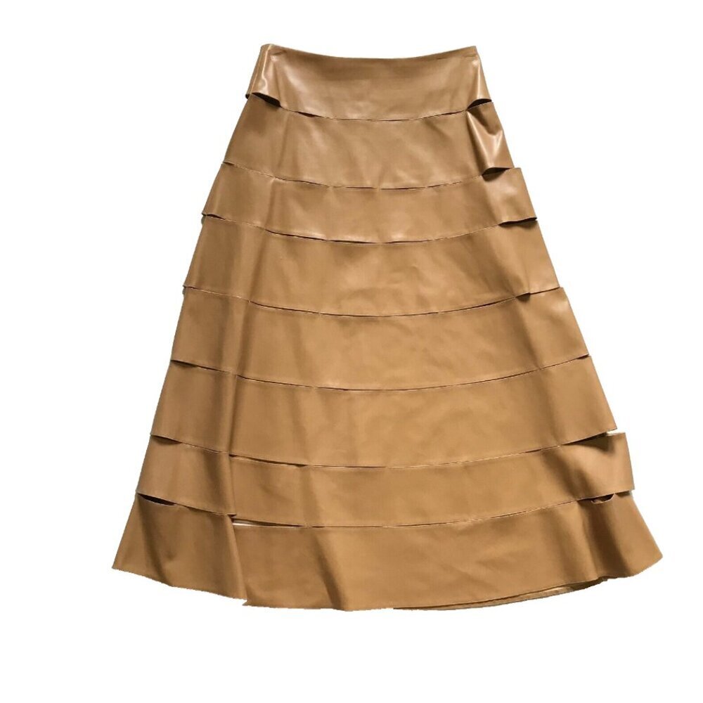 A.W.A.K.E Mode Multi Strap Midi Skirt Womens 40 Tan Vegan Leather A-Line Awake - Picture 3 of 15
